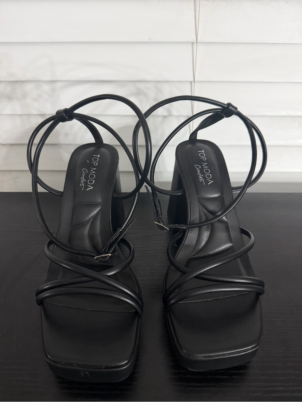 Top Moda Black Strappy Platform Block Heels